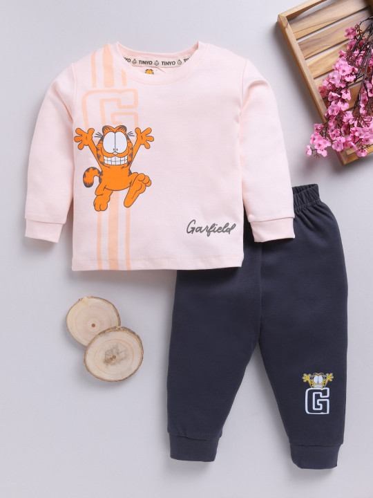 Tinyo Garfield Printed Pure Cotton T-shirt With Joggers For Infant Boys (Peach, Pack Of 1)