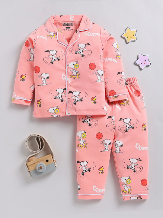 Tinyo Snoopy Printed Pure Cotton Night Suit For Infant Girls (Peach, Pack Of 1)