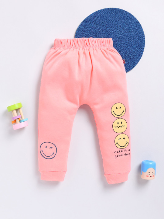 Tinyo Smiley Printed Pure Cotton Joggers For Infant Girls (Peach, Pack Of 1)
