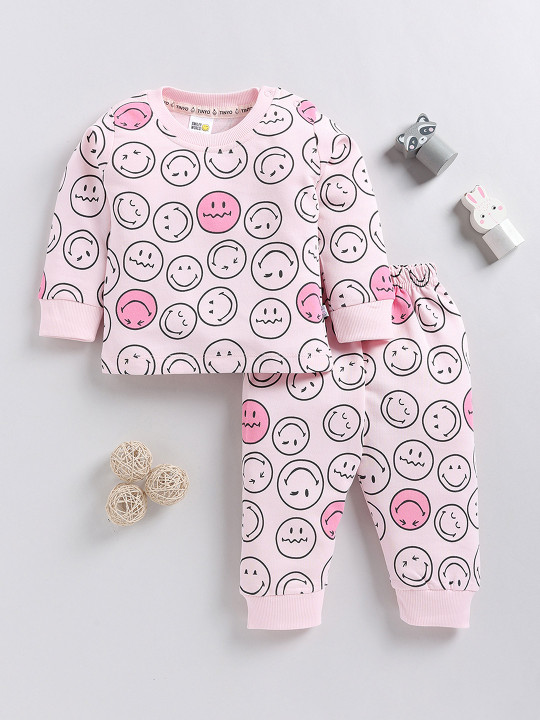 Tinyo Smiley World Printed Pure Cotton T-shirt with Joggers Clothing Set for Infant Girls (Pack of 1)