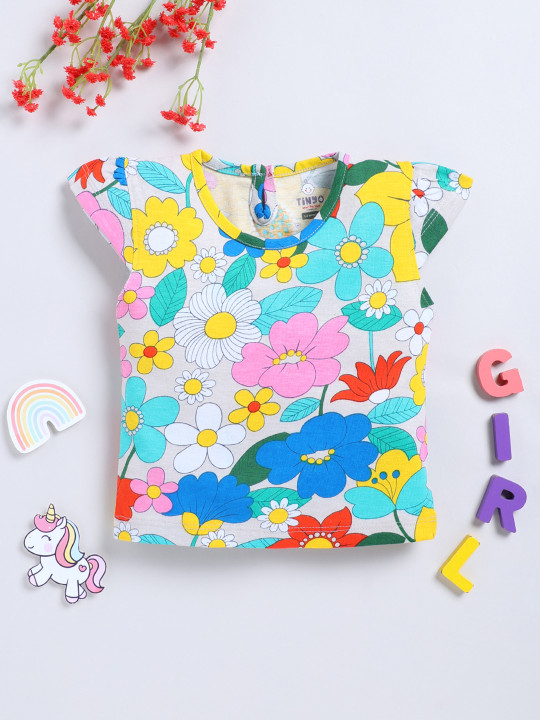 Tinyo Floral Printed Cotton Top For Girls (Multicolour, Pack Of 1)