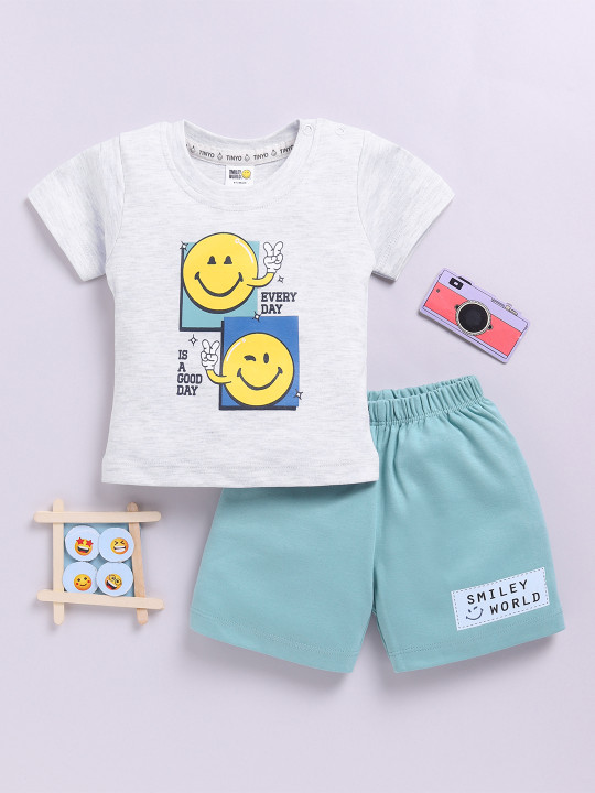 Tinyo Smiley World Printed Pure Cotton T-shirt With Shorts For Infant Boys (Grey, Pack Of 1)