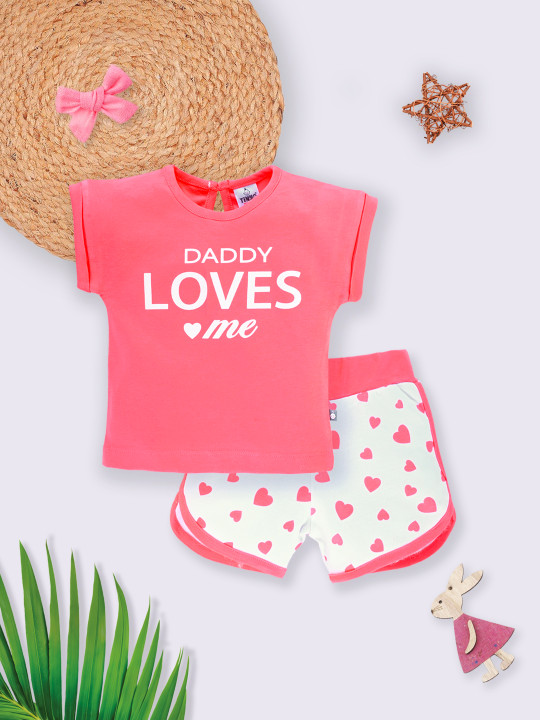 Tinyo Typography Printed Pure Cotton T-shirt With Shorts For Infant Girls (Coral Pink, Pack Of 1)