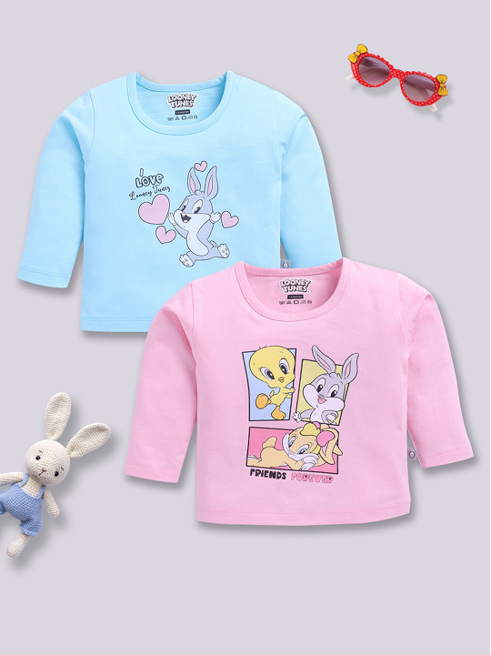 Tinyo Looney Tunes Printed Cotton T-shirt Set For Infant Girls (Assorted, Pack Of 2)