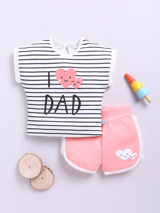 Girls Striped Pure Cotton Top with Shorts Set (Peach, Pack of 1)