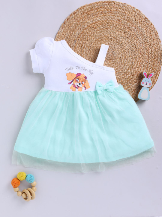 Moms Love Paw Patrol Cotton Dress for Infant Girls (White & Green, Pack of 1)