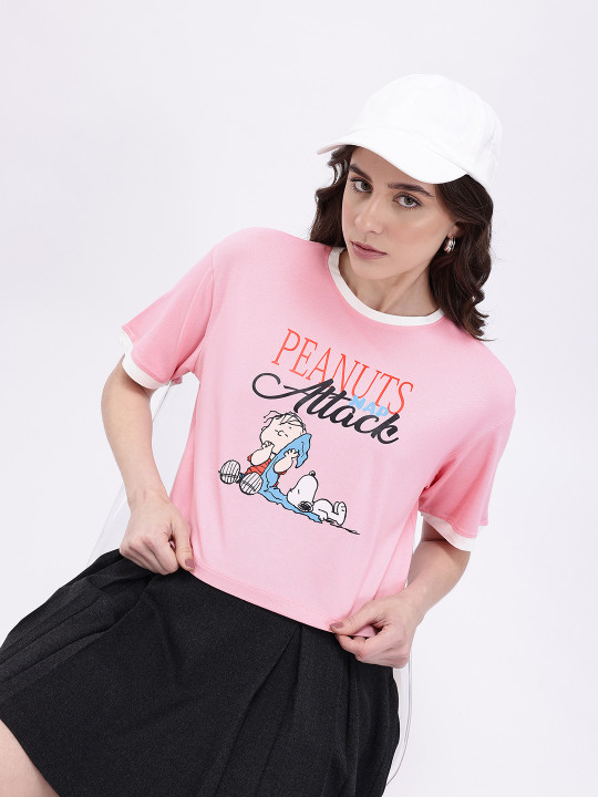 Minute Mirth Women Peanuts Printed Boxy Fit Top (Pink, Pack of 1)