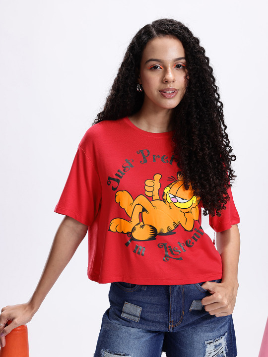 Minute Mirth Women Viscose Rayon Garfield Printed Crop Boxy T-shirt (Red, Pack Of 1)