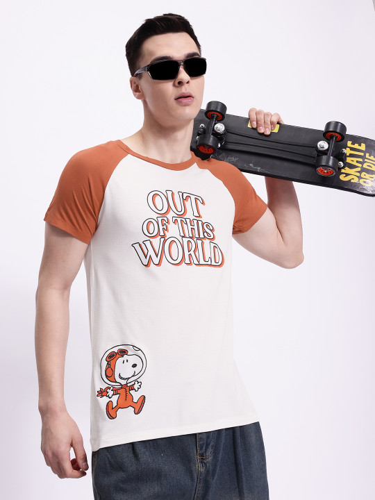 Minute Mirth Men’s Snoopy Peanuts Printed Regular Fit Polyester T-Shirt (Rust, Pack of 1)