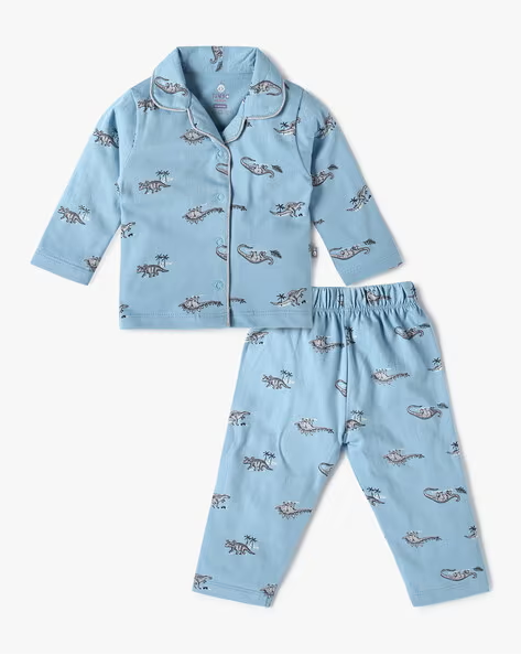 Tinyo Dino Printed Pure Cotton Shirt With Pyjamas For Infant Girls (SkyBlue, Pack Of 1)