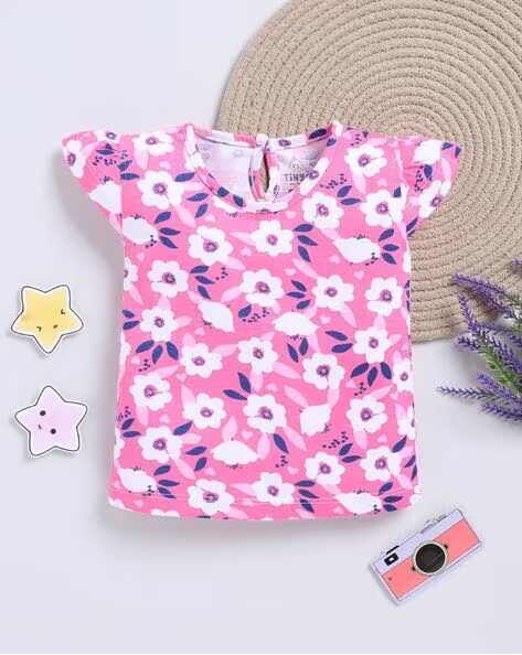 Tinyo Floral Printed Pure Cotton T-Shirt For Infant Girls (Pink, Pack Of 1)