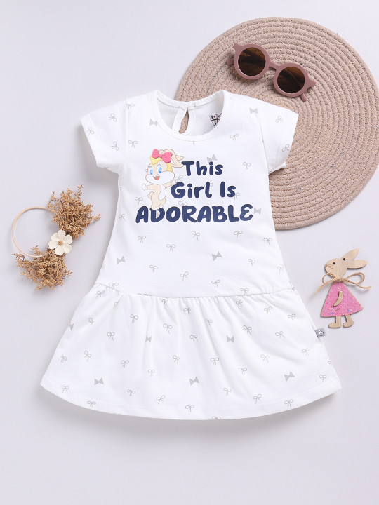 Tinyo Infant Girls Lola Printed Pure Cotton A-Line Dress (White, Pack Of 1)