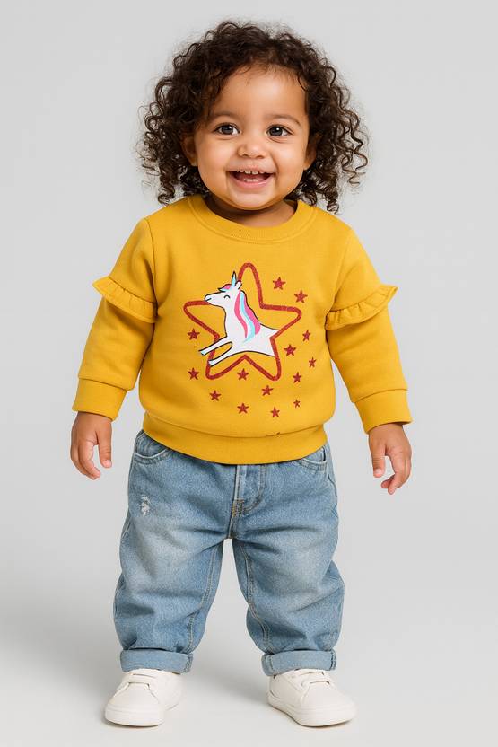 Moms Love Graphic Print Fleece Sweatshirt for Infant Girls (Yellow, Pack of 1)