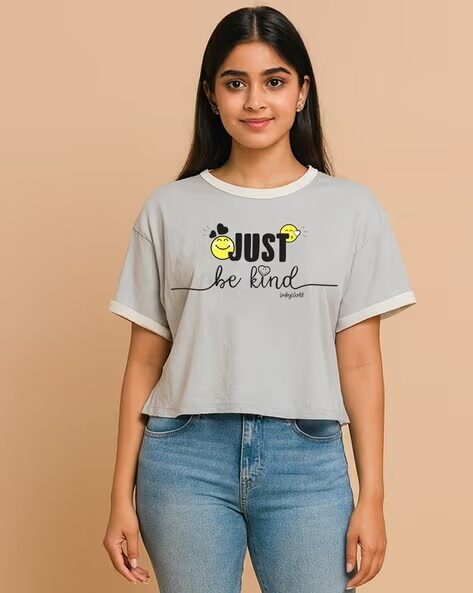 Women Smiley World Graphic Print Boxy Fit Top