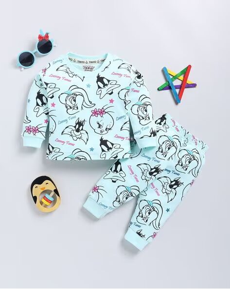 Tinyo Looney Tunes Printed Pure Cotton Sweatshirt With Joggers For Infant Girls (Green, Pack Of 1)