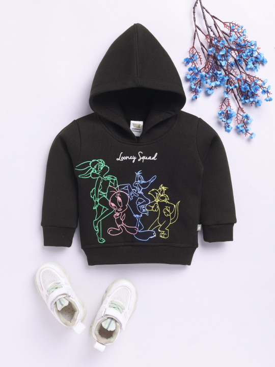 Tinyo Infant Boys Looney Tunes Graphic Printed Fleece Hooded Sweatshirt (Black, Pack Of 1)