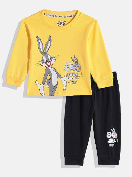 Tinyo Bugs Bunny Printed Pure Cotton T-shirt With Joggers For Infant Boys (Yellow, Pack Of 1)