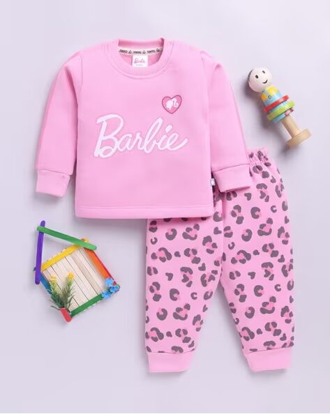 Tinyo Barbie Graphic Print Cotton Blend Sweatshirt & Joggers Set For Infant Girls (Medium Pink, Pack Of 1)