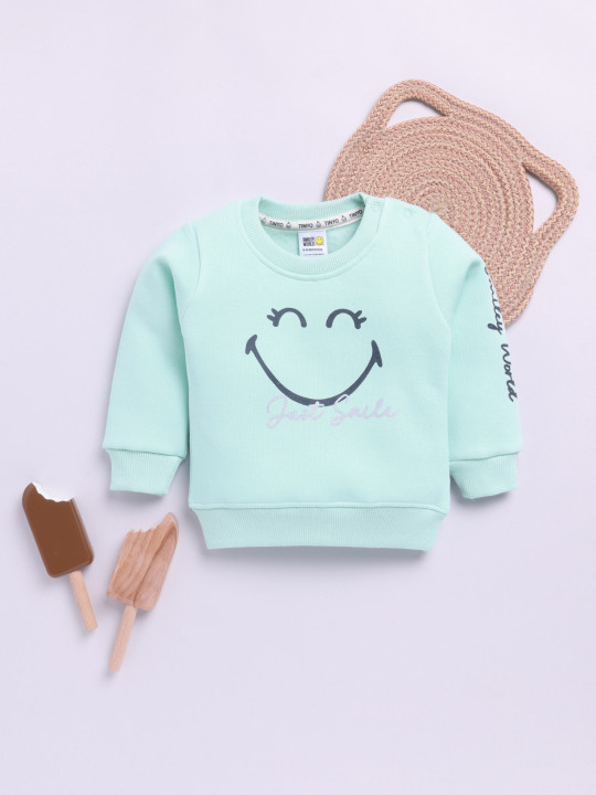 Tinyo Infant Girls Smiley Printed Full Sleeves Fleece Sweatshirt (Green, Pack Of 1)