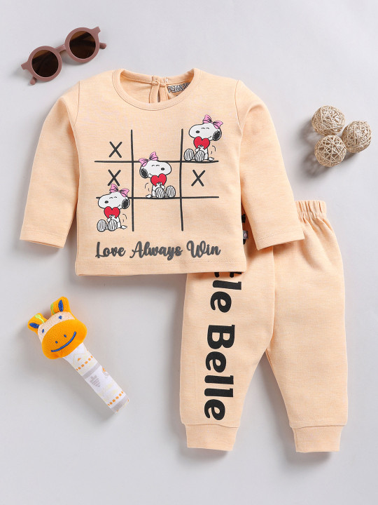 Tinyo Peanuts Printed Pure Cotton Top With Joggers Clothing Set For Infant Girls (Cream, Pack Of 1)