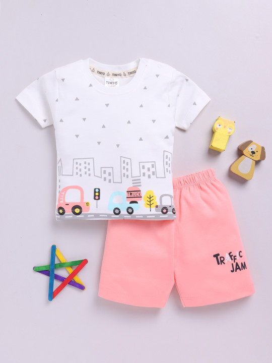 Tinyo Printed Pure Cotton Top with Shorts for Infant Boys (White & Peach, Pack Of 1)