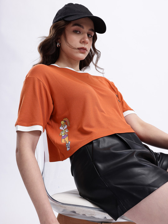 Minute Mirth Women Looney Tunes Printed Boxy Fit Top (Rust, Pack of 1)