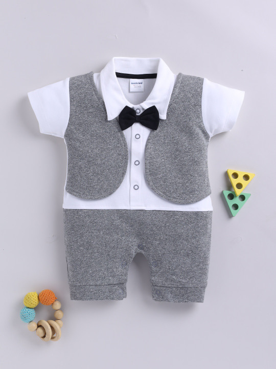Moms Love Colourblocked Cotton Romper for Infant Boys (Grey Melange & White, Pack of 1)