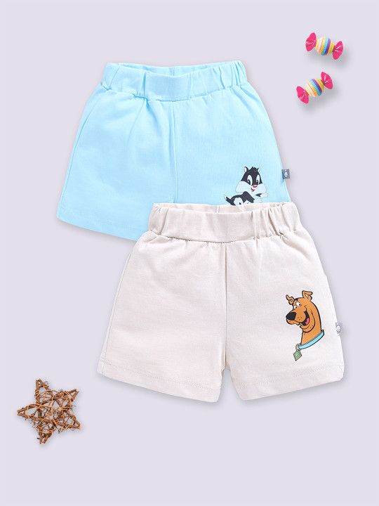 Tinyo Looney Tunes & Scooby Doo Printed Pure Cotton Shorts Set For Infant Boys (Assorted, Pack Of 2)