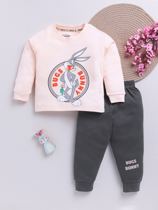 Tinyo Bugs Bunny Printed Pure Cotton T-shirt With Joggers For Infant Boys (Pink & Grey, Pack Of 1)