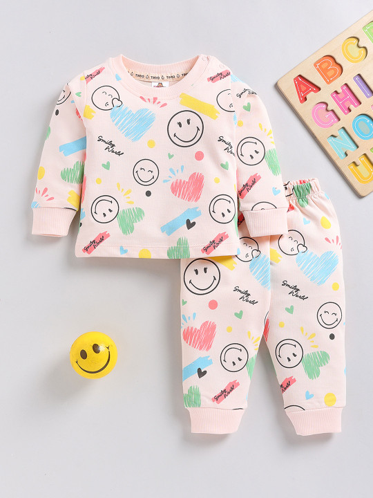 Tinyo Smiley World Printed Pure Cotton T-shirt with Joggers Clothing Set for Infant Girls (Peach, Pack of 1)