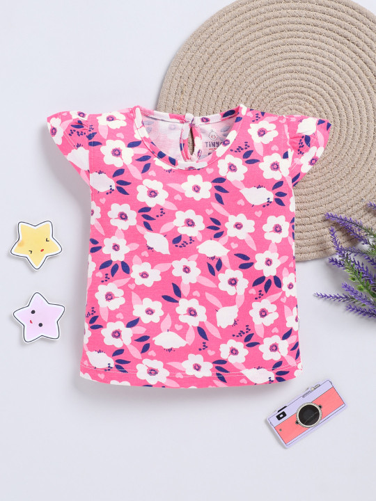 Tinyo Floral Printed Cotton Top For Girls (Pink, Pack Of 1)