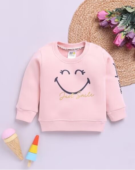 Tinyo Smiley World Printed Cotton Blend Sweatshirt For Girls (Peach, Pack Of 1)