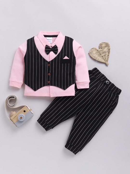 Moms Love Striped Cotton Shirt & Joggers Set for Infant Boys (Pink & Black, Pack of 1)