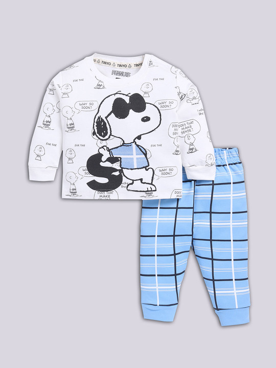 Tinyo Printed Cotton T-shirt with Checked Joggers for Infant Boys (White & Blue, Pack of 1)