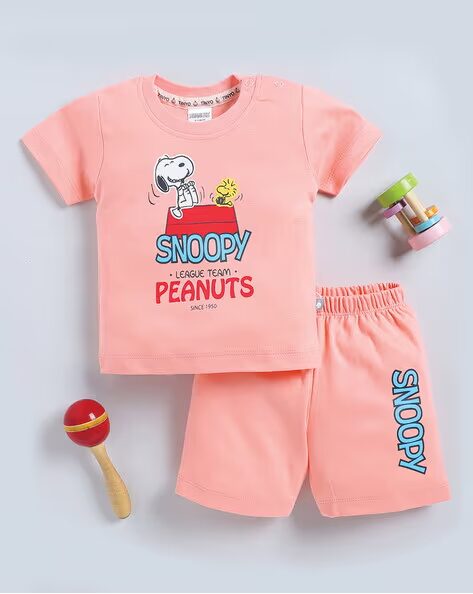 Tinyo Snoopy Printed Pure Cotton T-shirt with Shorts Set For Infant Boys (Peach, Pack Of 1)