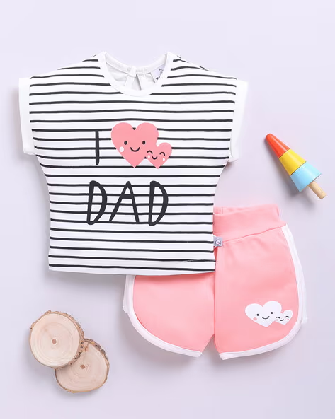 Tinyo Graphic Print 100% Cotton T-shirt & Shorts Set for Infant Girls (Peach, Pack Of 1)