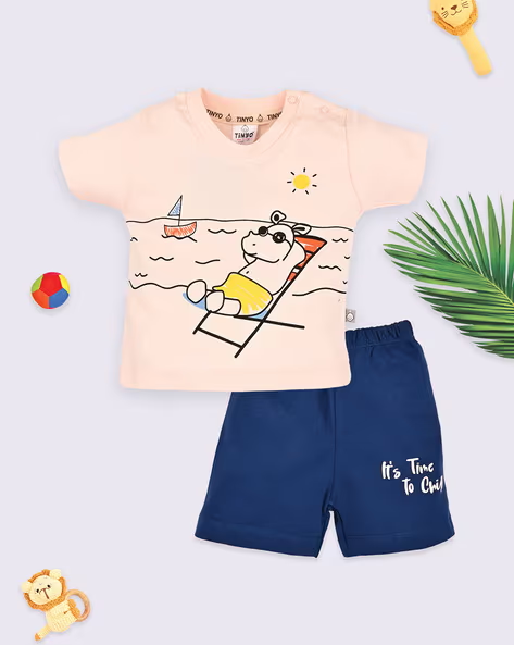 Tinyo Graphic Print 100% Cotton T-shirt & Shorts Set for Infant Boys (Salmon, Pack Of 1)