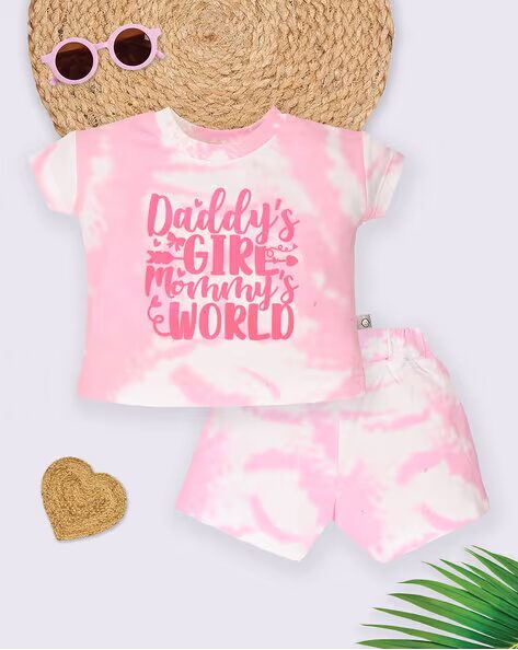 Tinyo Girls Typographic Print 100% Cotton T-Shirt & Shorts Set For Infant Girls (Pink, Pack Of 1)