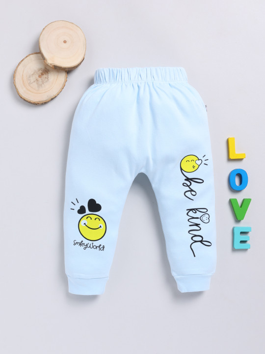 Tinyo Smiley Printed Pure Cotton Joggers For Infant Girls (Blue, Pack Of 1)