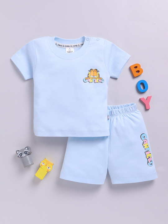 Tinyo Garfield Printed Pure Cotton T-shirt With Shorts For Boys (Blue, Pack Of 1)