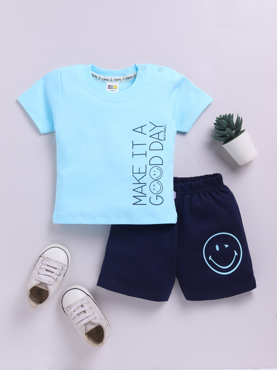 Tinyo Smiley World Printed Pure Cotton T-shirt With Shorts For Infant Boys (Aqua, Pack Of 1)