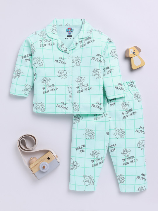 Tinyo Paw Patrol Printed Pure Cotton Night Suit for Infant Girls (Sea Green, Pack of 1)