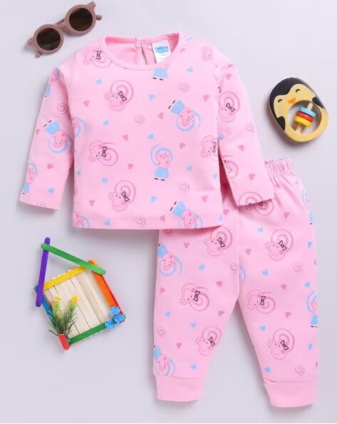 Tinyo Infant Girls Peppa Pig Printed Cotton T-Shirt With Joggers (Pink,Pack Of 1)