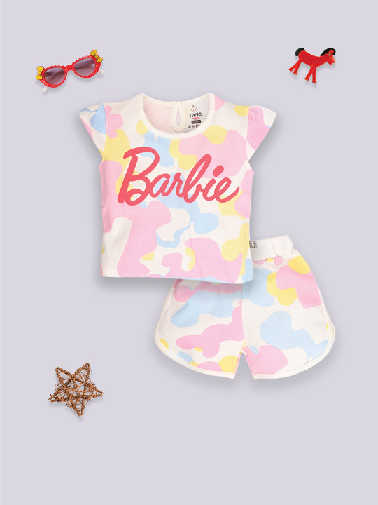 Tinyo Barbie Printed 100% Cotton T-Shirt & Shorts Set For Infant Girls (Multi-Coloured, Pack Of 1)