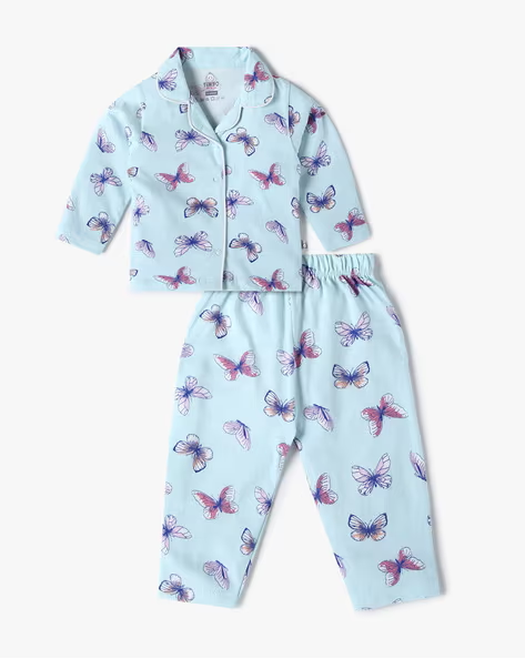 Tinyo Butterfly Printed Pure Cotton Shirt With Pyjamas For Infants (Blue, Pack Of 1)
