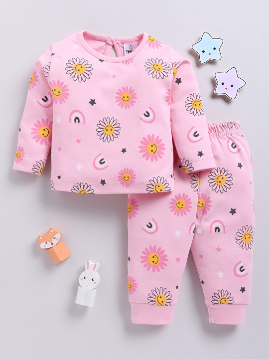 Tinyo Printed Pure Cotton Top With Joggers Clothing Set For Infant Girls (Pink & Yellow, Pack Of 1)