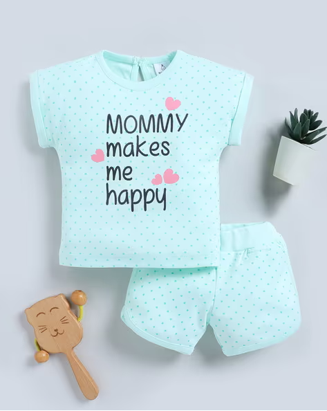 Tinyo Micro Printed Pure Cotton T-shirt with Shorts Set For Infant Girls (Light Sea Green, Pack Of 1)