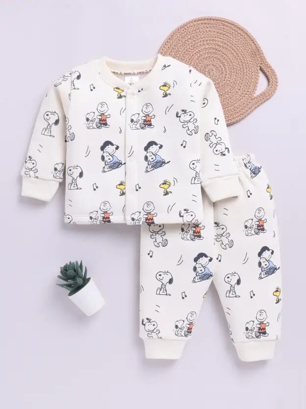 Tinyo Peanuts Printed Fleece Sweatshirt with Sweatpant for Baby Boys (Butter, Pack of 1)