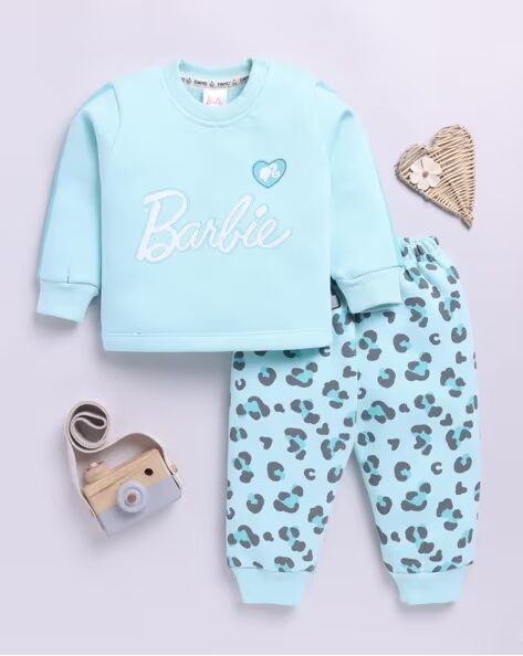 Tinyo Barbie Graphic Print Cotton Blend Sweatshirt & Joggers Set For Infant Girls (Yucca Green, Pack Of 1)