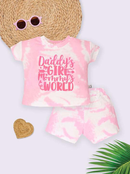 Tinyo Typography Printed Pure Cotton T-shirt with Shorts for Infant Girls (Pink, Pack Of 1)